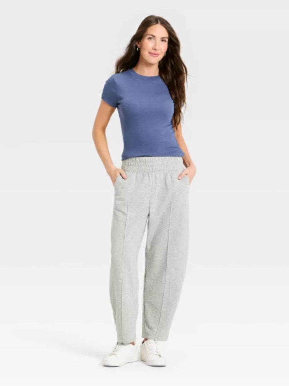 Women's Barrel Leg Crop Sweatpants with Moto Seams Elastic and Scoop Pockets